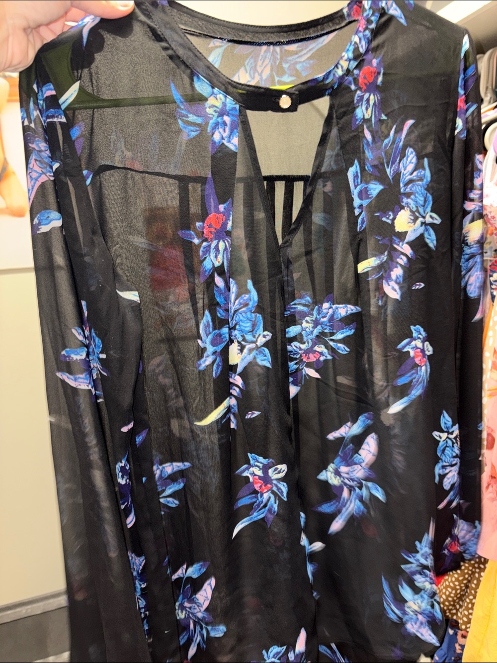 OFFERS OPEN! Black Floral Top Women’s sz small office blouse Blue & Purple Print